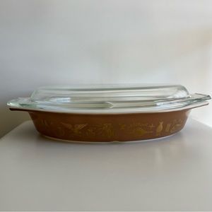 Vintage Pyrex Early American Eagle Brown & Gold Divided Casserole Dish with Lid